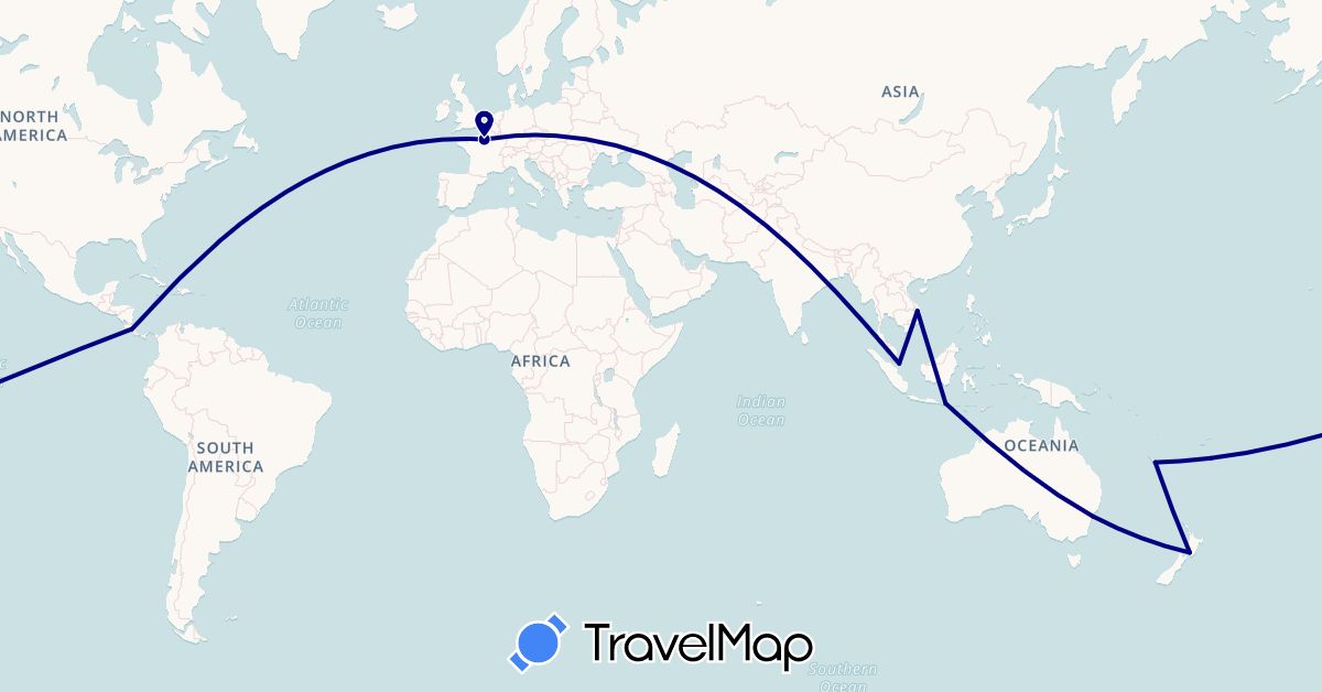TravelMap itinerary: driving in Australia, Costa Rica, France, Indonesia, New Caledonia, New Zealand, Singapore, Vietnam (Asia, Europe, North America, Oceania)